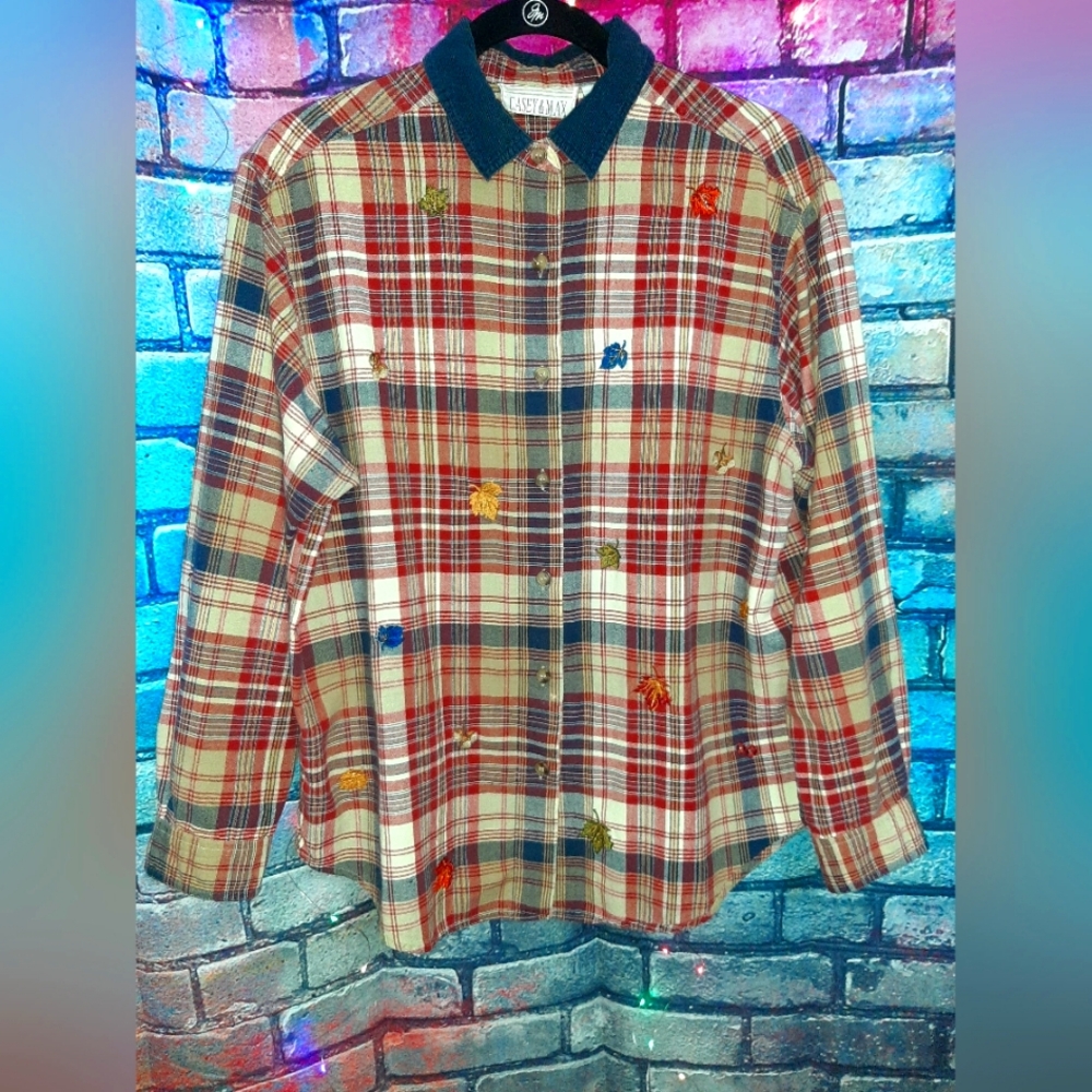 Women's Long Sleeve Plaid Button Down Fall Shirt w/Embroidered Accents Large